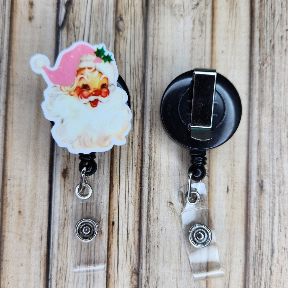 Pink Christmas Santa Vintage Style Badge Reel Name Tag Holder Nurse - Picture 2 of 2